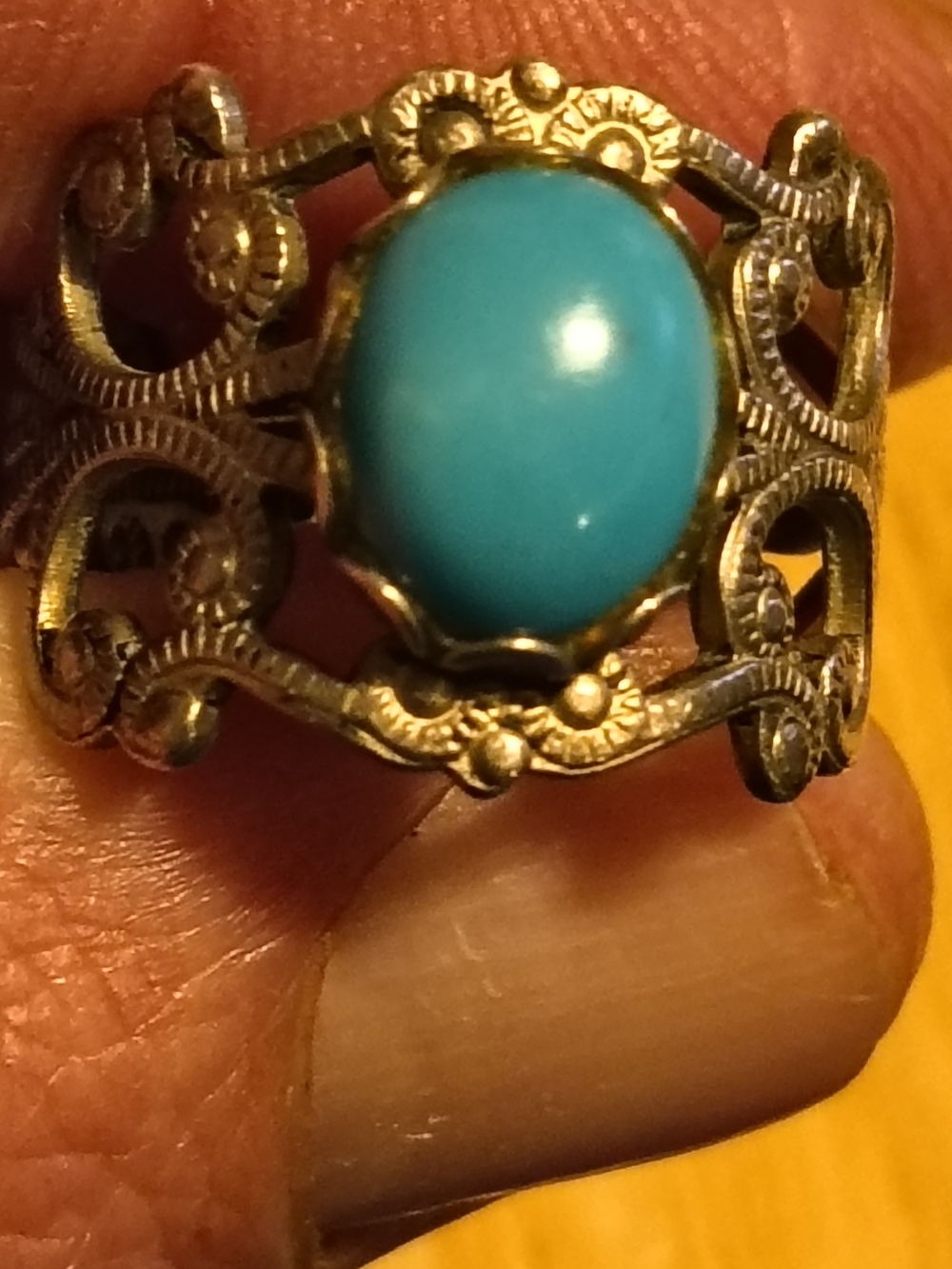 Vintage Sterling Silver And Turquoise Filigree Adj Ring Size 7 Signed Sterling